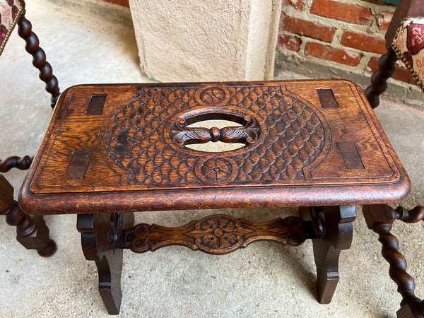 Antique French Bench Stool Gothic Renaissance Carved Oak Trestle Fleur de lis