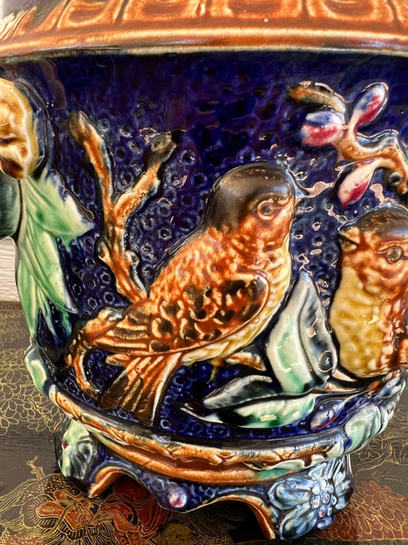 Antique Majolica Bird Planter Cache Pot Jardinière Cobalt Blue Wasmuël c1890