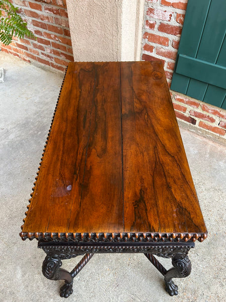 Antique Foyer Hall Table British Colonial Carved Wood Leather Flip Top Burmese