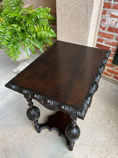 Antique English Side Sofa Table Ebonized Carved Oak Baroque Two Tier Tudor