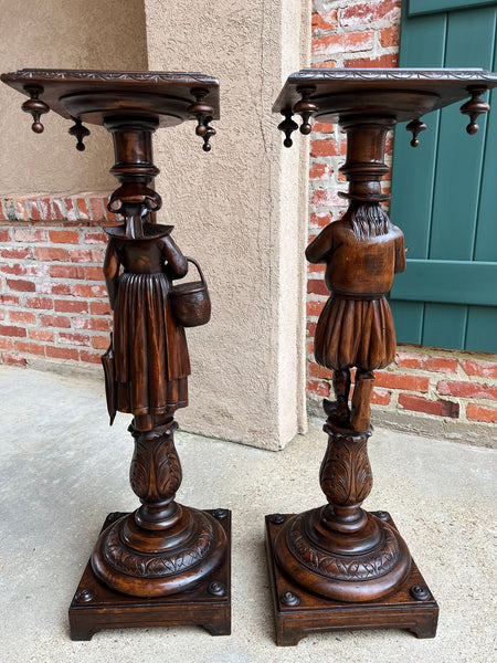 Antique French Breton Pedestal Stands PAIR Carved Figural Display Brittany c1900