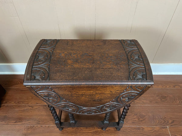 PETITE Antique English Side Sofa Table Barley Twist Drop Leaf Gateleg Carved Oak