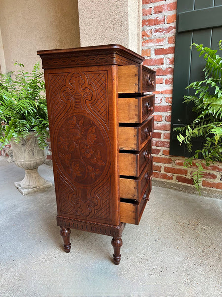 Antique English Victorian Wellington Chest of Drawers Campaign Carved Oak