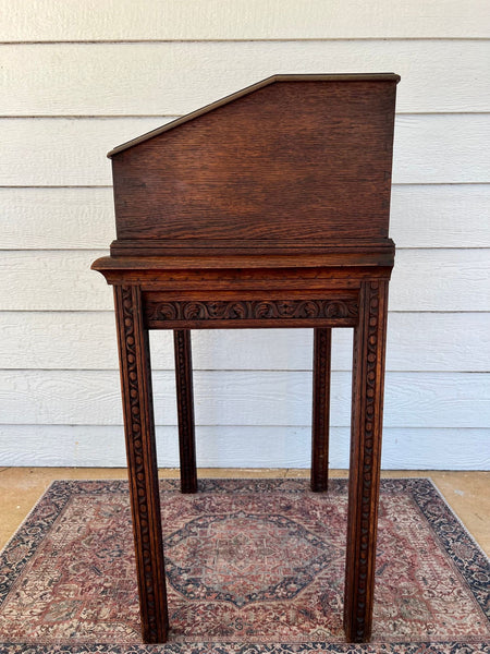 Antique English Slant Top Bible Box Desk Stand Jacobean Carved Oak Lectern c1890