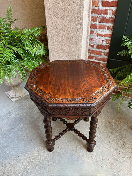 Antique French Octagon Sofa Table Carved Oak Barley Twist Louis XIII Renaissance