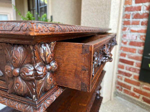 Antique French Carved Oak Server Sideboard Barley Twist Renaissance Bookshelf