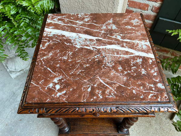 Antique French Side End Table Cabinet BARLEY TWIST Carved Oak Renaissance Marble