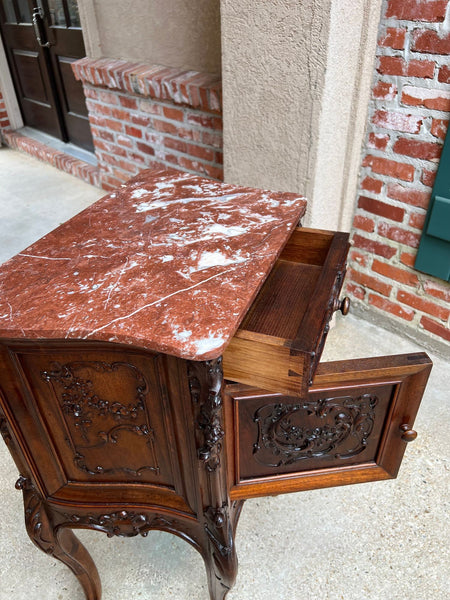 Antique French Nightstand Cabinet Marble Top Louis XV Carved Walnut c1890