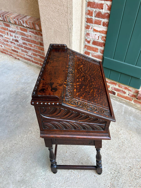 Antique English Slant Front Desk Display Stand Jacobean Carved Tiger Oak Lectern