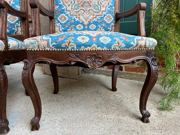 PAIR Antique French Dining Arm Chair Louis XV Carved Oak Blue Persian textile