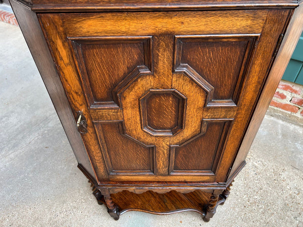 Antique English Tiger Oak Corner Cabinet Barley Twist Jacobean Arts & Crafts