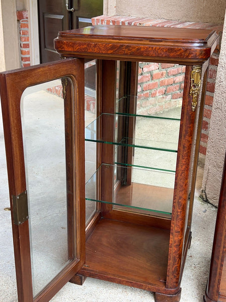 PAIR Antique French Glass Vitrine Display Cabinets Burl Mahogany Mirror c1900