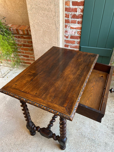 Antique English Console Table Writing Desk Jacobean Barley Twist Carved Oak c1890