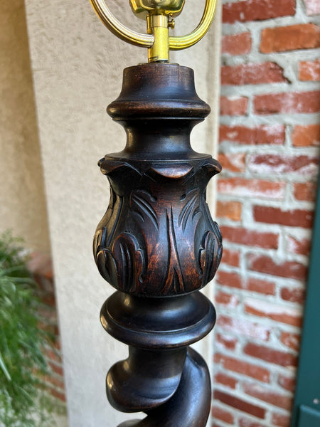 Antique English Carved Oak Floor Lamp OPEN Barley Twist w Round End Table c1920