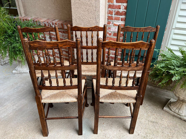 Set 5 Vintage English Oak Dining Side Chairs Rush Seat Lancashire Spindle Back