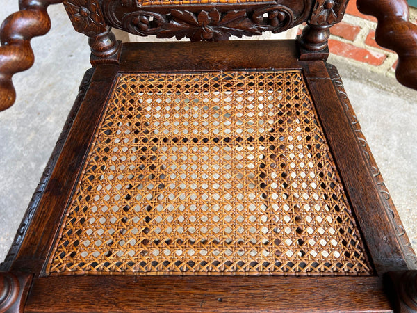 Antique French Child High Chair Renaissance Barley Twist Carved Oak Caned c1890
