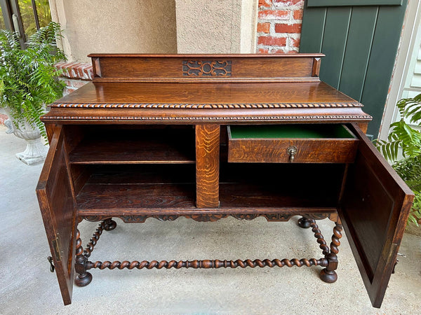 Antique English Sideboard Server Buffet BARLEY TWIST Carved Tiger Oak Jacobean