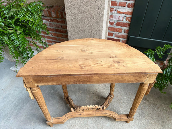 Antique French Louis XVI Console Table Foyer Demilune Carved Bleached Wood c1890