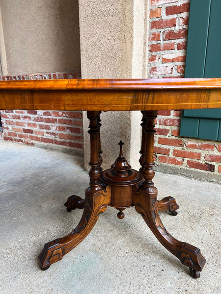 Antique English Center Breakfast Table Burl Walnut Tilt Top Inlaid Oval c1890