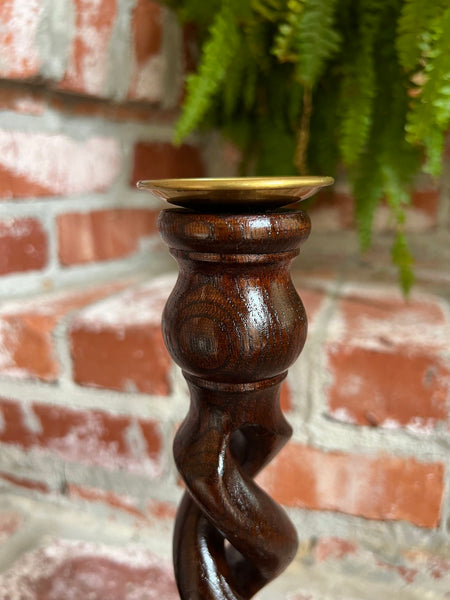 PAIR Set Antique English Oak OPEN Barley Twist Candlesticks Candle Holder Brass