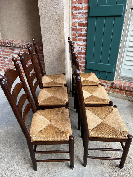 Vintage English Dining Chairs Set 6 Oak Ladder Back Rush Seat Woven