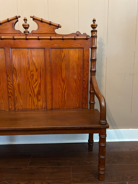 Antique English Faux Bamboo Pine Hall Bench Victorian High Back Settle c1890