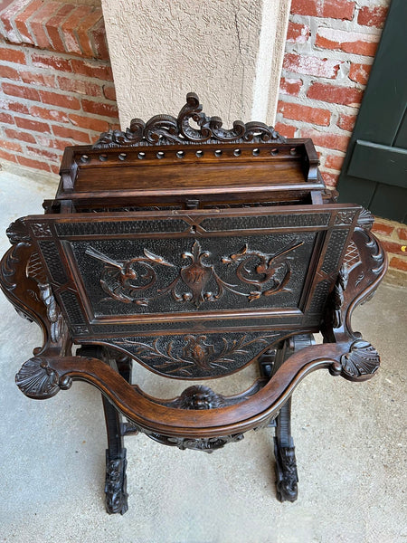 Antique French Writing Desk Secretary Black Forest Carved Oak Renaissance c1890