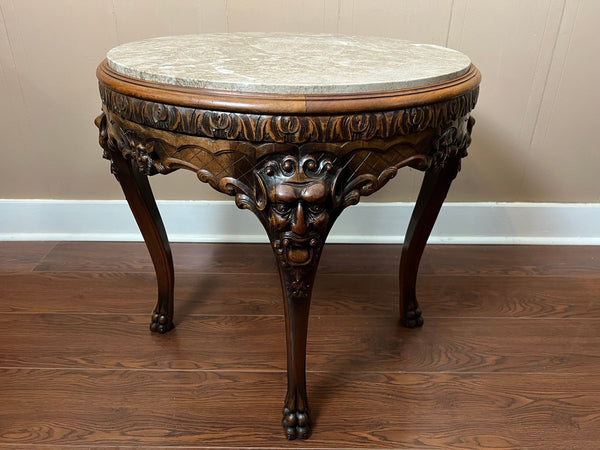 Antique French Renaissance Revival Center Table Round Marble Carved Walnut c1900