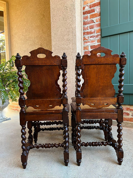 Set 4 Antique French Dining Chairs Barley Twist Cane Seat Carved Oak c1920