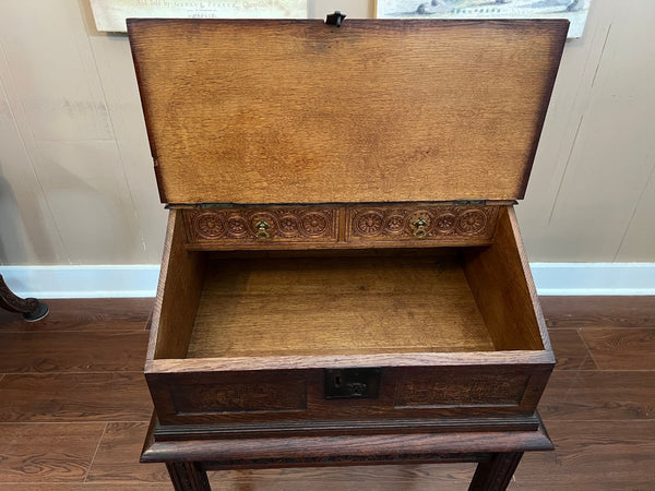 Antique English Slant Top Bible Box Desk Stand Jacobean Carved Oak Lectern c1890