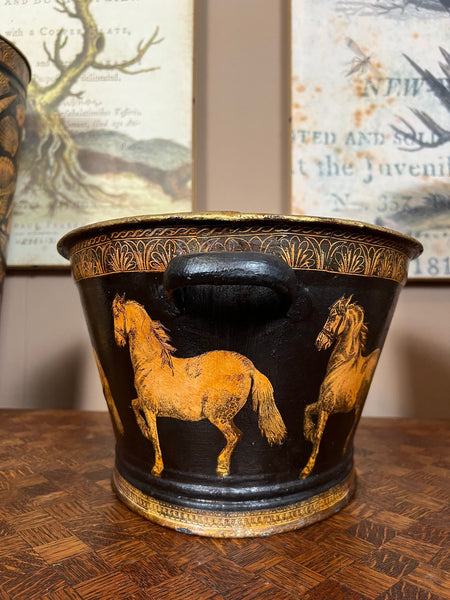 Antique English Planter Jardiniere Horse Equine Black Decoupage Tole Metal c1900