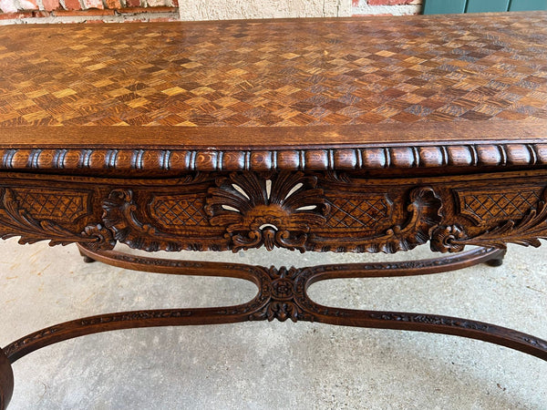 Antique French Center Library Table Louis XV Carved Oak Rococo Parquetry c1890