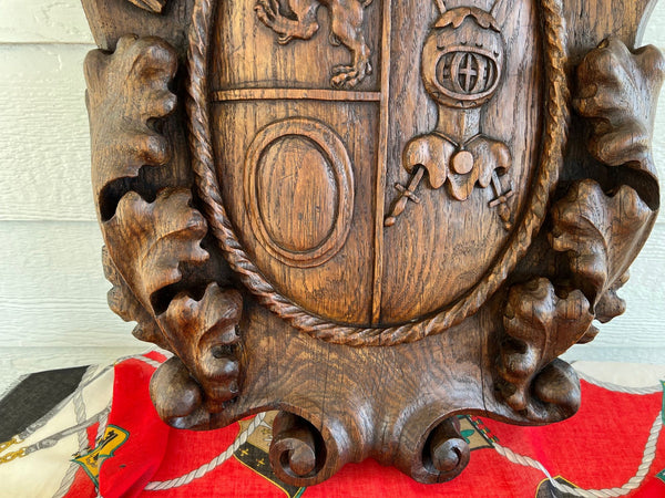 Antique French Gothic Wall Plaque Coat of Arms Carved Oak Renaissance c1890