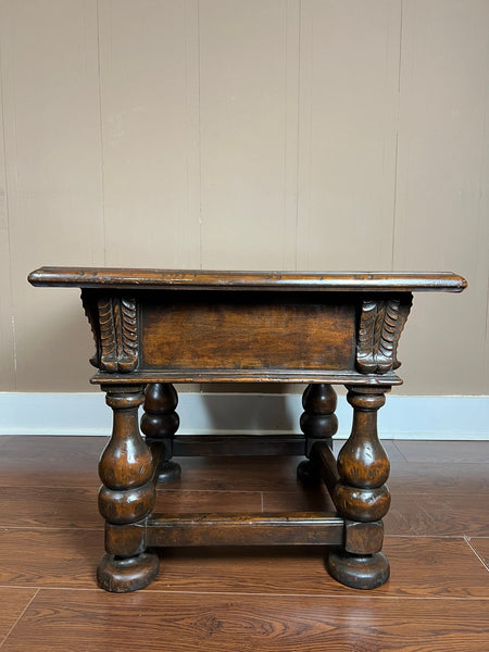 Antique English Side End Table Small Square Carved Oak Jacobean Revival c1910