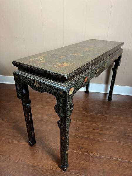 Vintage Chinese Console Table Black Lacquer Chinoiserie Gilt Hand Painted c1950