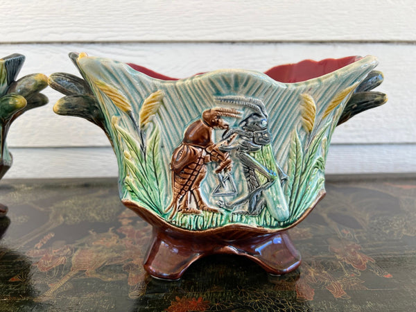 PAIR Antique French Majolica Jardinières Insect Musician Cache Pot Planter c1880