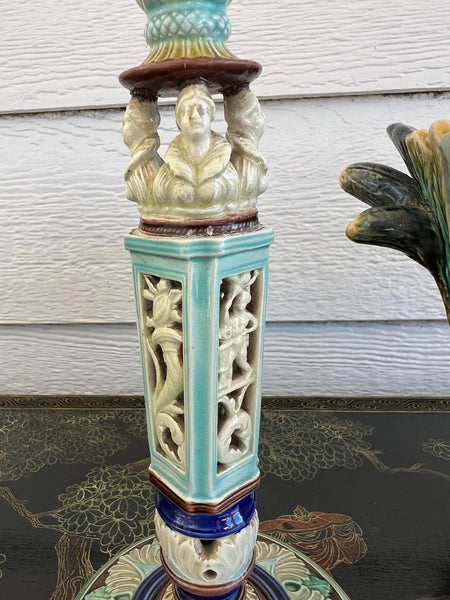 Antique English Wedgwood Majolica Candlestick Candle Holder Cinque Cento c1876