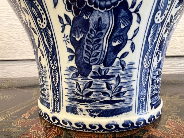Vintage Large Delft Ginger Jar Vase Blue & White Floral Royal Sphinx Lidded Urn