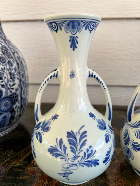 PAIR Petite Vintage Delft Vases Blue & White Windmilll Hand Painted Bud Vases