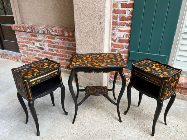 PAIR French Bedside Cabinets Chinoiserie Butterfly Gilt Lacquer Tables