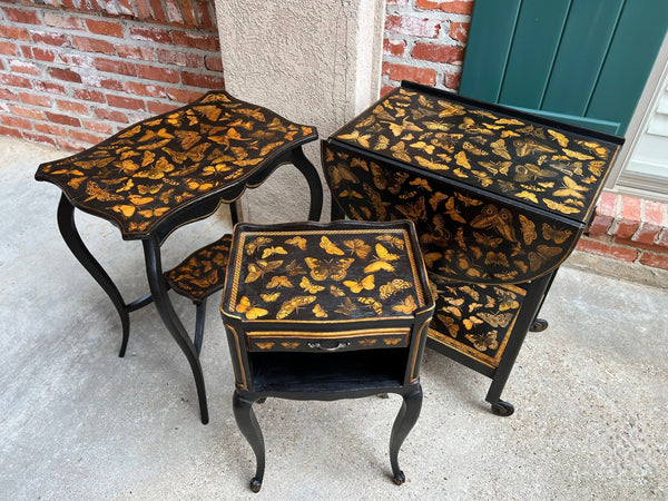 Vintage French Side Table Chinoiserie Butterfly Black Lacquer Hollywood Regency