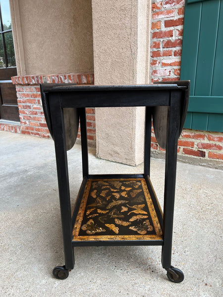 Vintage English Bar Cart Trolley Drop Leaf Chinoiserie Butterfly Lacquer Table