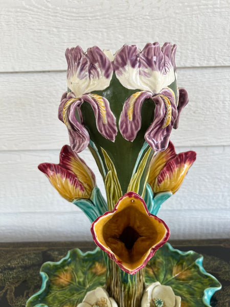 Antique French Majolica Vase Centerpiece Onnaing Art Nouveau Iris Tulip c1900