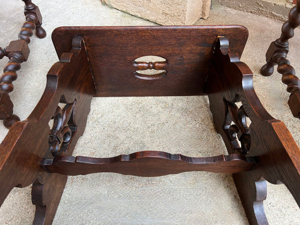 Antique French Bench Stool Gothic Renaissance Carved Oak Trestle Fleur de lis