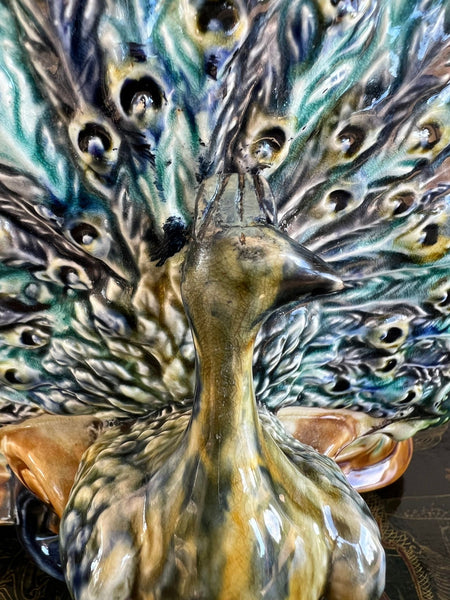 Antique French Majolica Jardinière Planter Peacock Onnaing Large Cache Pot c1880