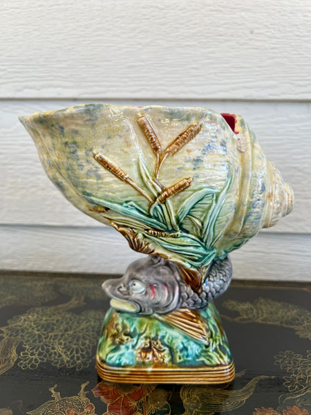 Antique Majolica Vase Bowl Dolphin Nautilus Shell English Royal Worcester c1870