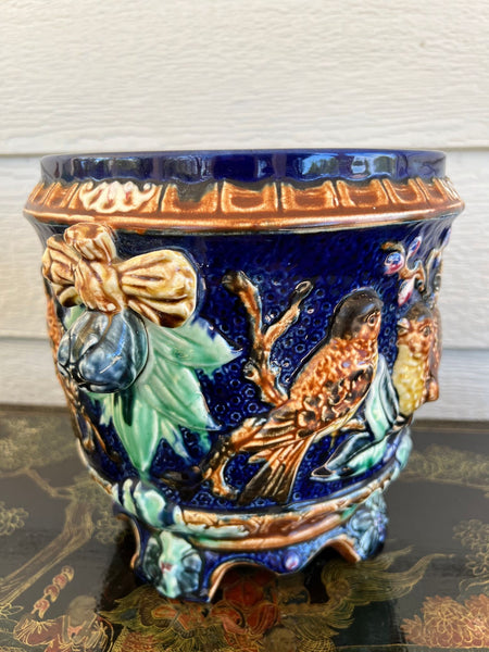 Antique Majolica Bird Planter Cache Pot Jardinière Cobalt Blue Wasmuël c1890