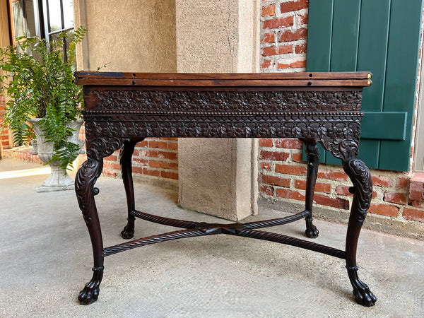 Antique Foyer Hall Table British Colonial Carved Wood Leather Flip Top Burmese