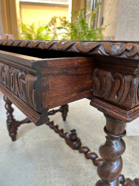 Antique French Sofa Table Writing Desk Barley Twist Carved Oak Renaissance