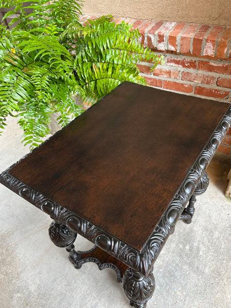 Antique English Side Sofa Table Ebonized Carved Oak Baroque Two Tier Tudor